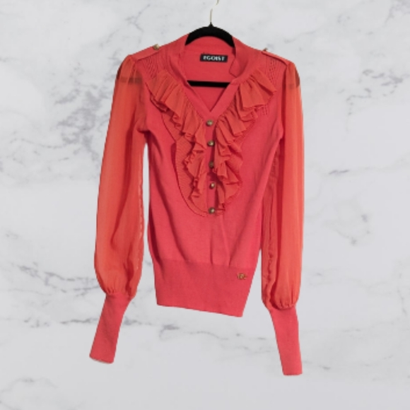 EGOIST Ruffle Trim Chiffon Shirt with Lantern Sleeves - Picture 1 of 7